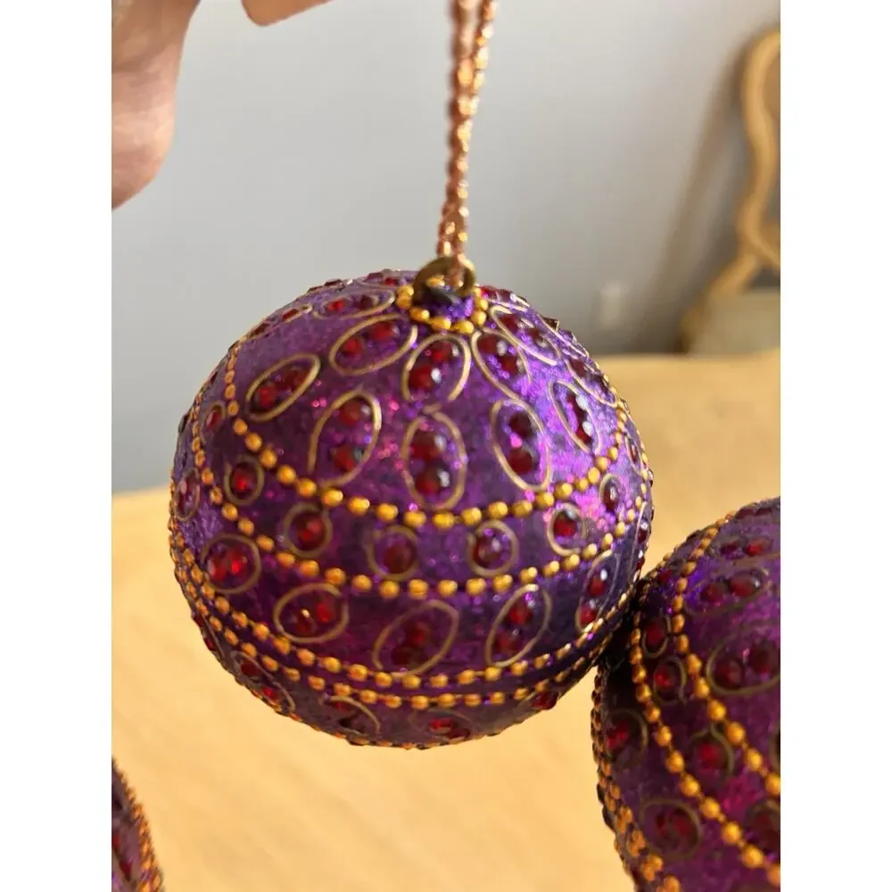 NWT Pier 1 Purple Jeweled Beaded Xmas Ornaments GEMS Gold Mardi Gras VTG Lot 3